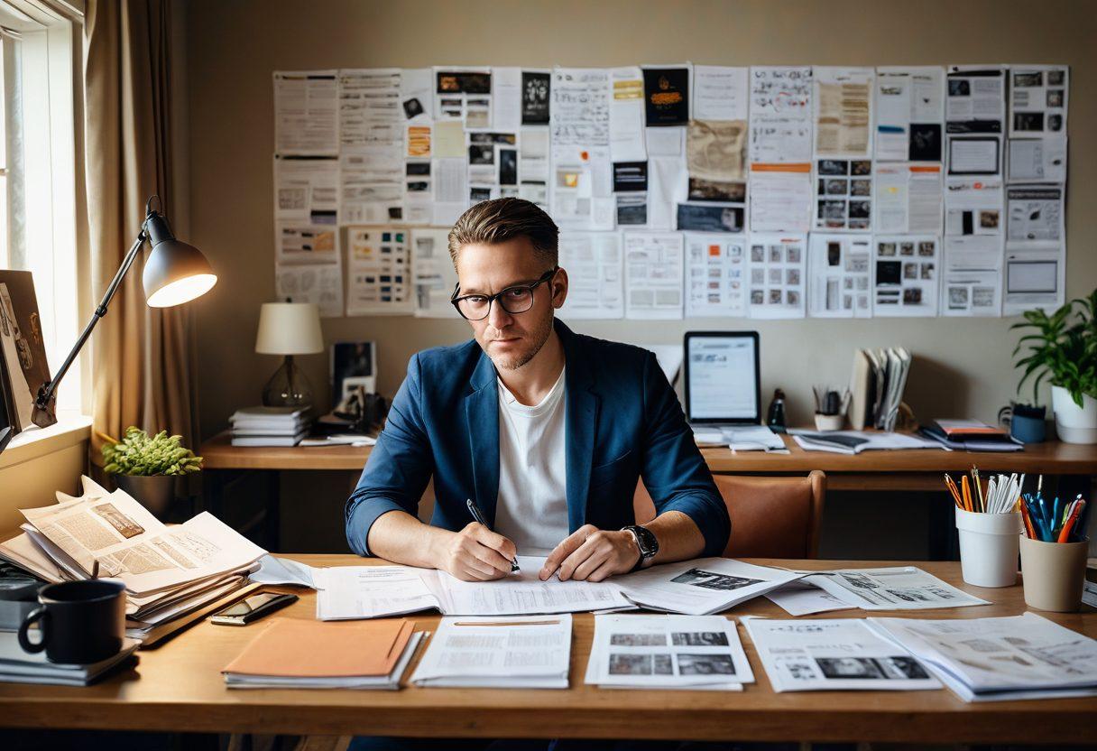 A thoughtful adult content creator sitting at a desk filled with legal documents and insurance brochures, surrounded by a digital tablet displaying a matrix of options. The room is decorated with creative artworks symbolizing freedom of expression. A light source highlights key documents, creating a warm yet professional atmosphere. The creator has a contemplative look, embodying the essence of informed choice in a complex landscape. super-realistic. vibrant colors. soft lighting.